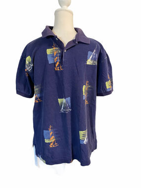 Nautica Polo Tennis Vintage Short Sleeve Shirt Blue Boat Print sz s two buttons